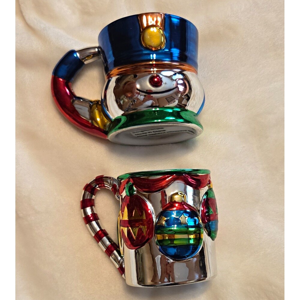 livingQUARTERS Christmas Metallic Snowman Ornament Ceramic Mug Set 2pc 8 fl oz